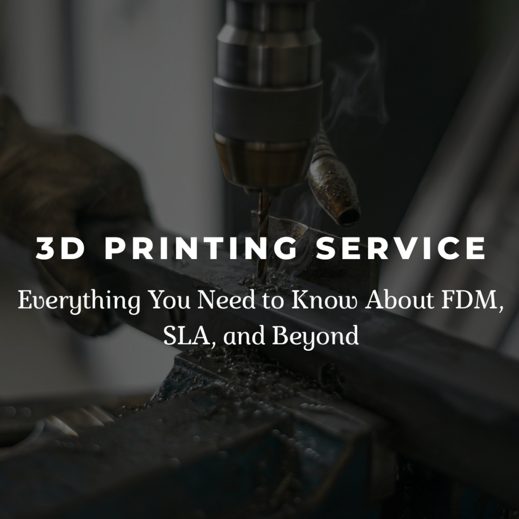 Close-up of an industrial drill machining metal for a 3D printing services guide.