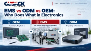 EMS vs ODM vs OEM comparison showing electronics design, manufacturing, and branded product roles
