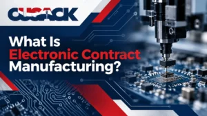 Electronic contract manufacturing process showing automated PCB assembly with Cusack Electronics branding.