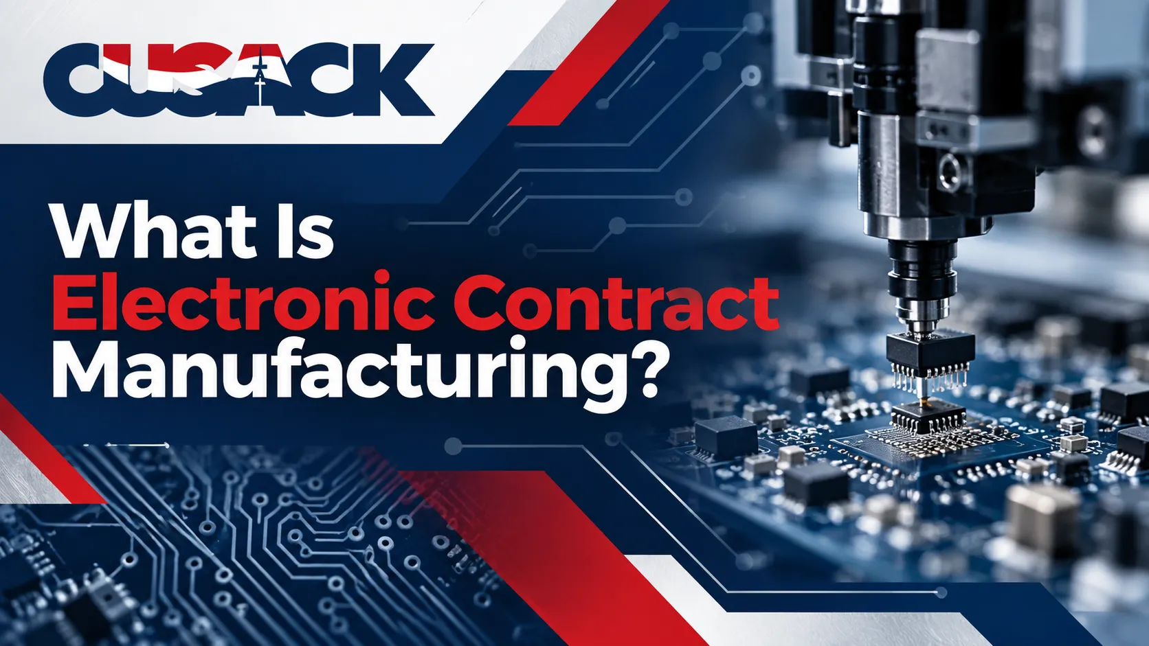 Electronic contract manufacturing process showing automated PCB assembly with Cusack Electronics branding.