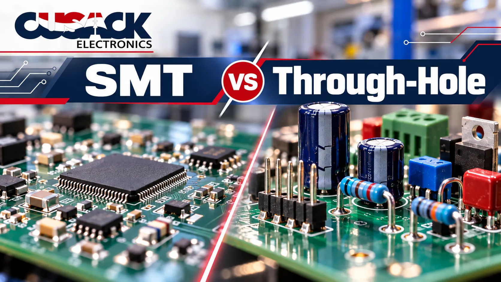 Cusack Electronics SMT vs. Through-Hole PCB assembly comparison, showing surface-mount components on one circuit board and through-hole components on another.