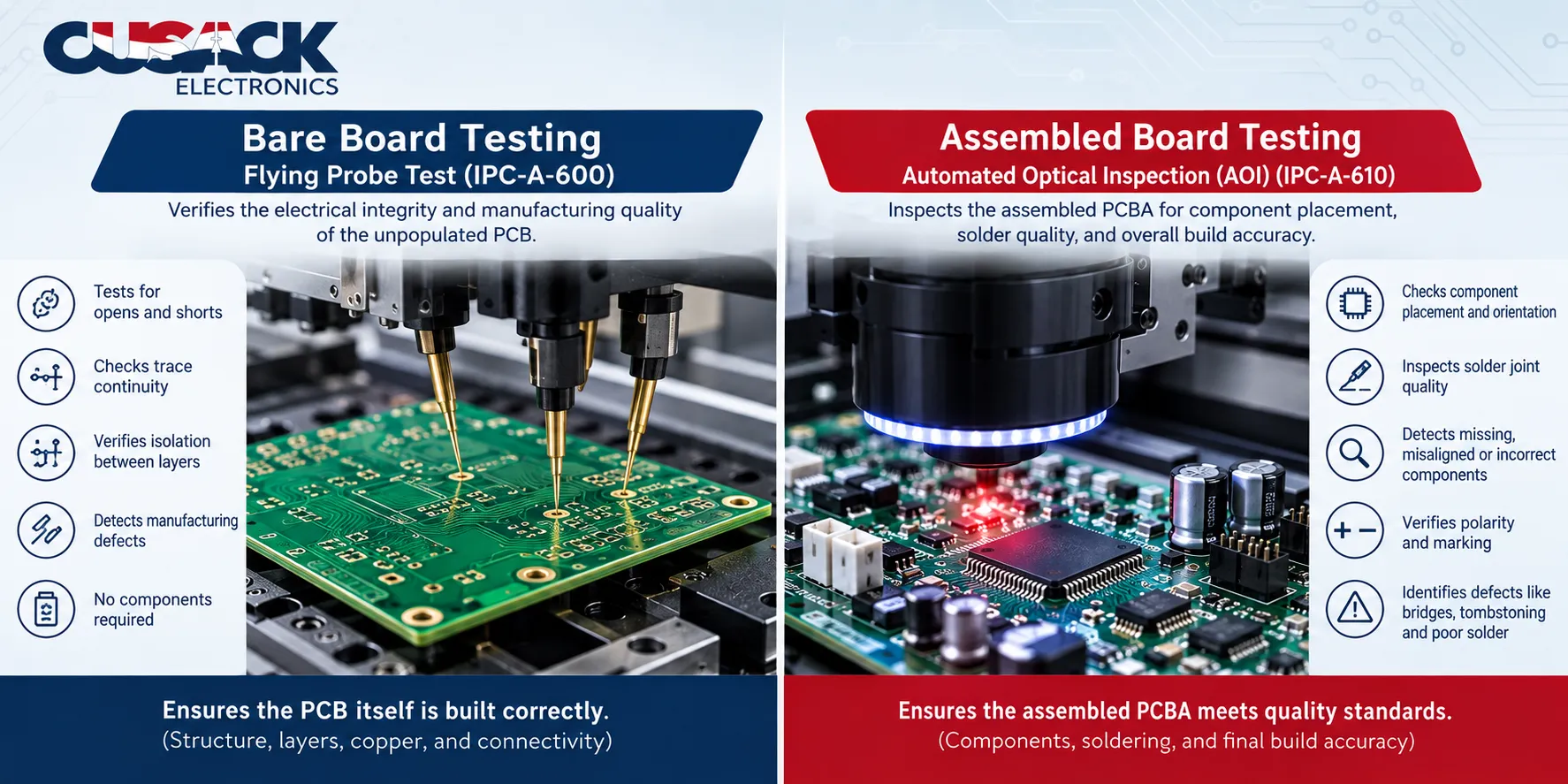 Flying probe electrical test on a bare PCB compared with automated optical inspection of an assembled PCBA
