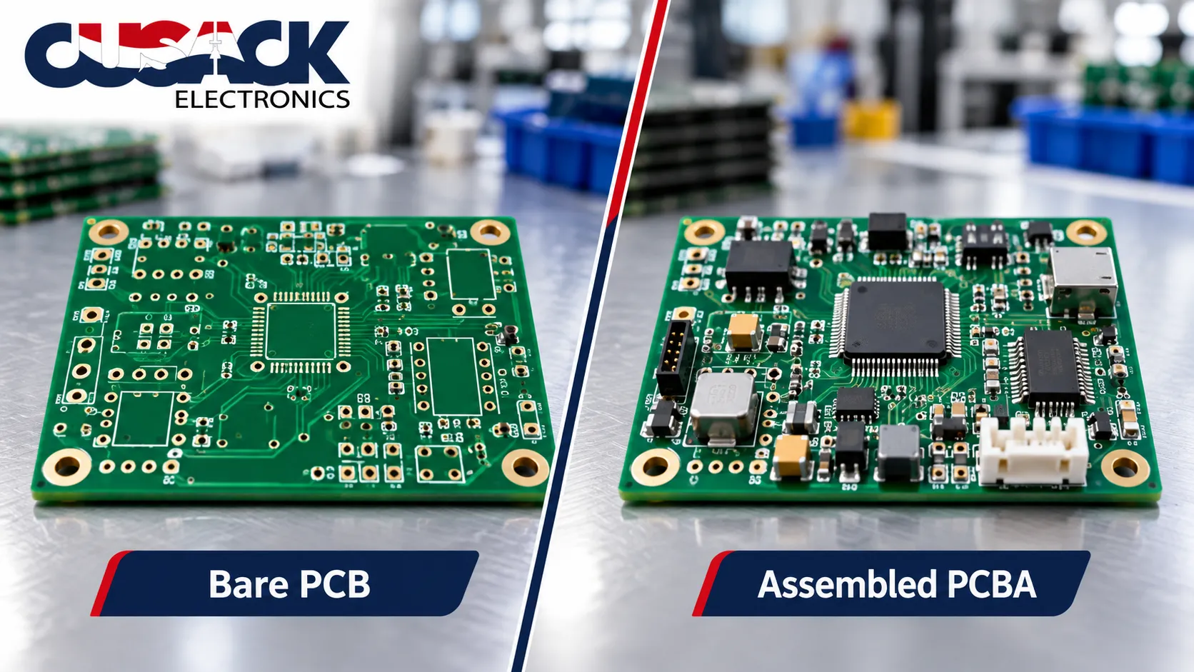 Bare PCB compared with a finished PCBA after the SMT assembly process