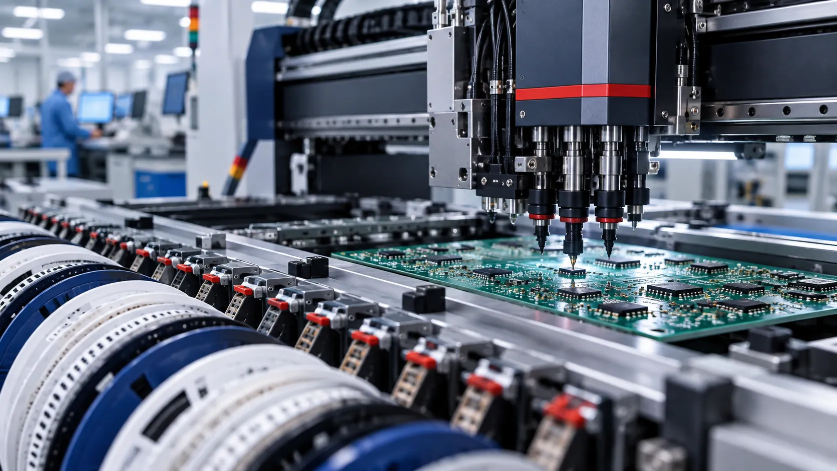 Surface mount technology line placing components onto a printed circuit board during electronic contract manufacturing