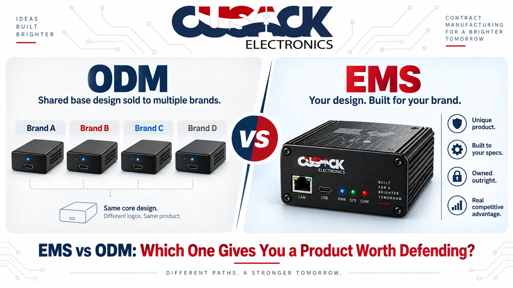  Illustration comparing a shared ODM design sold under several brands against a uniquely owned EMS built product