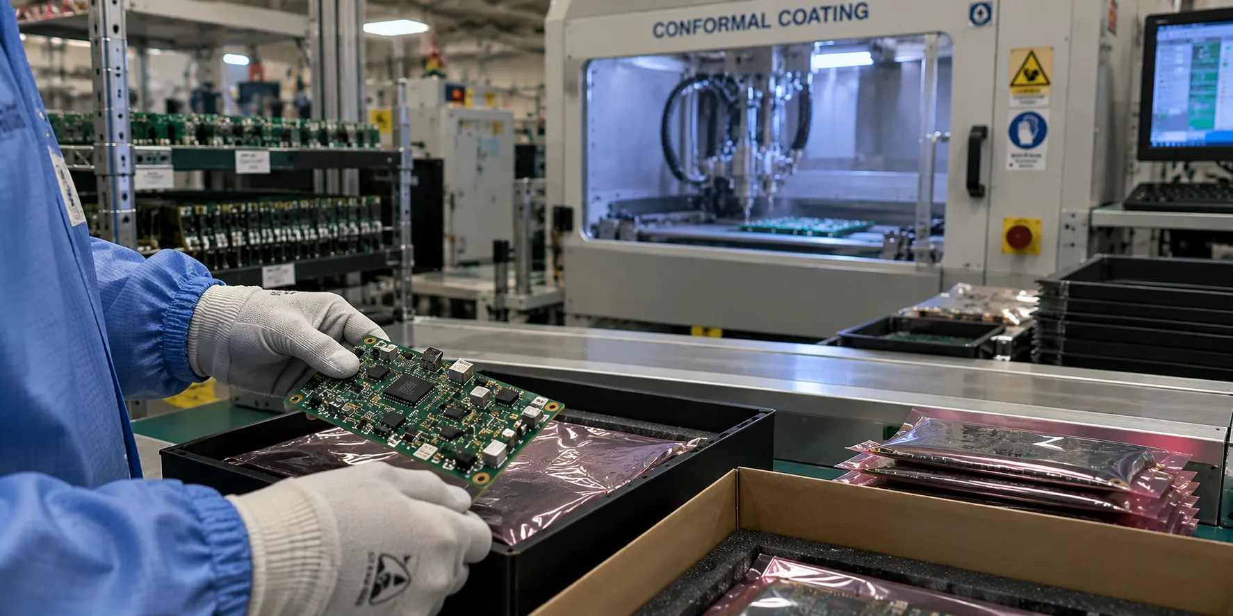 Cleaning, coating, and packaging finished PCB assemblies