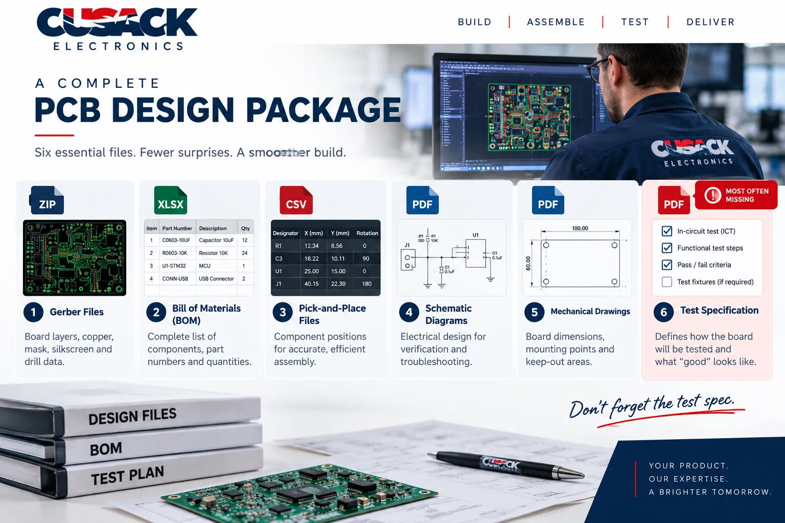 The six files required in a complete PCB design package including Gerber files, bill of materials, pick-and-place files and test specification