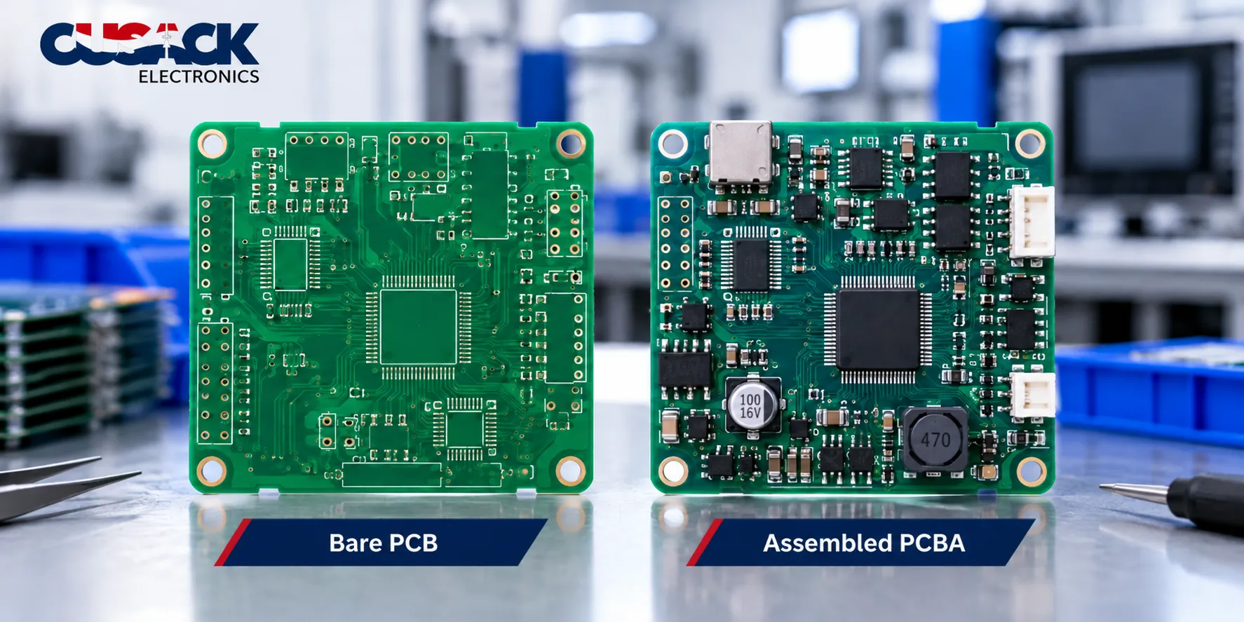 A bare printed circuit board next to the same board fully assembled with electronic components