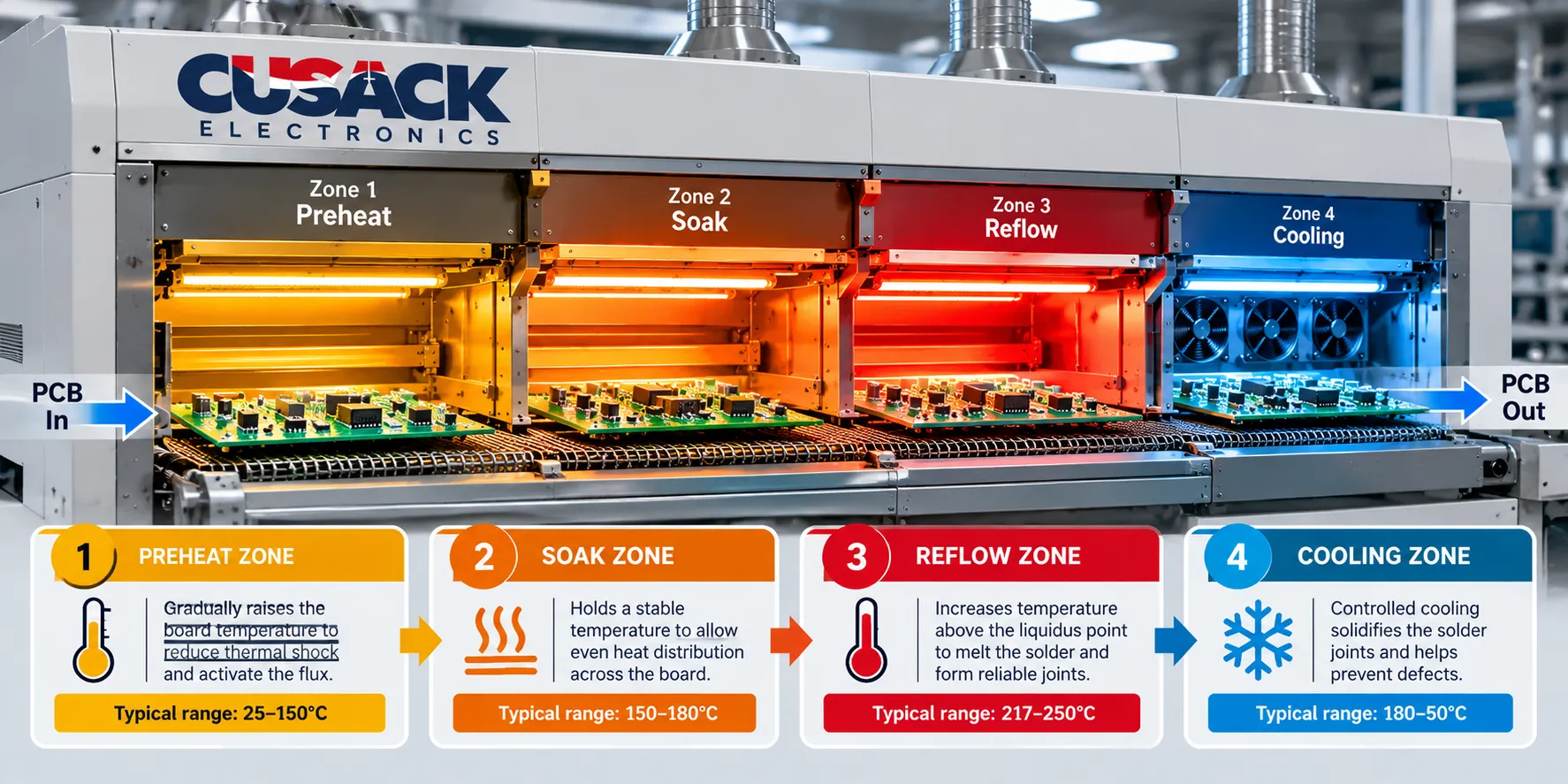 Reflow oven zones showing preheat, soak, reflow and cooling sections along the conveyor