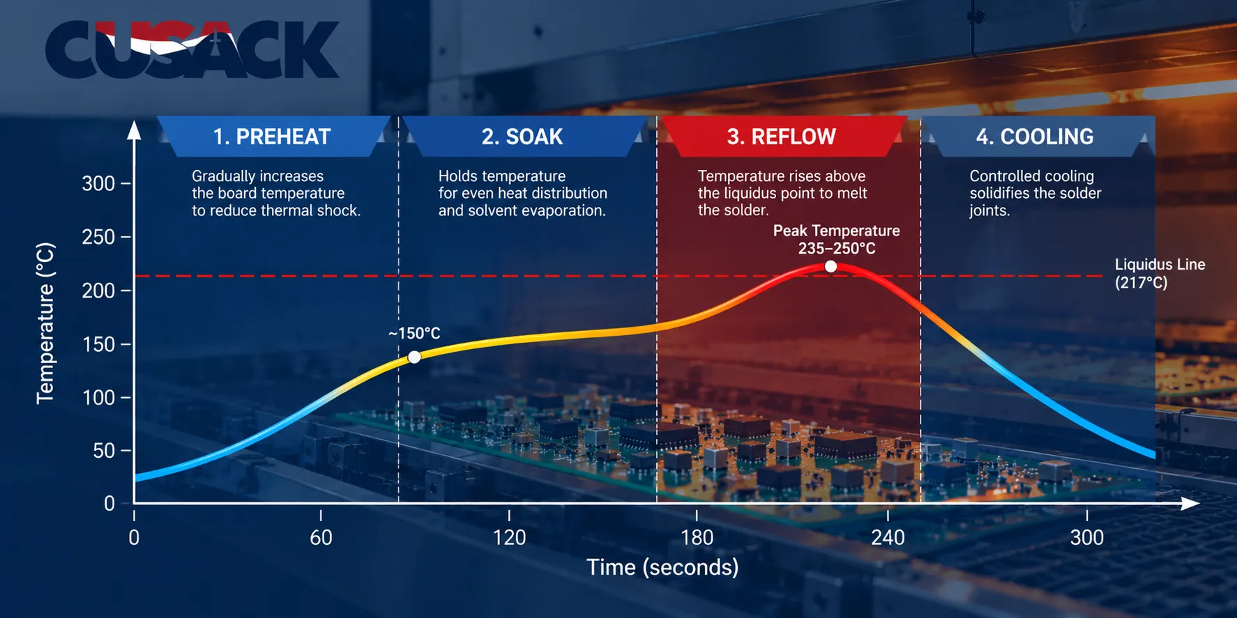 Reflow soldering temperature profile graph showing preheat, soak, reflow and cooling stages