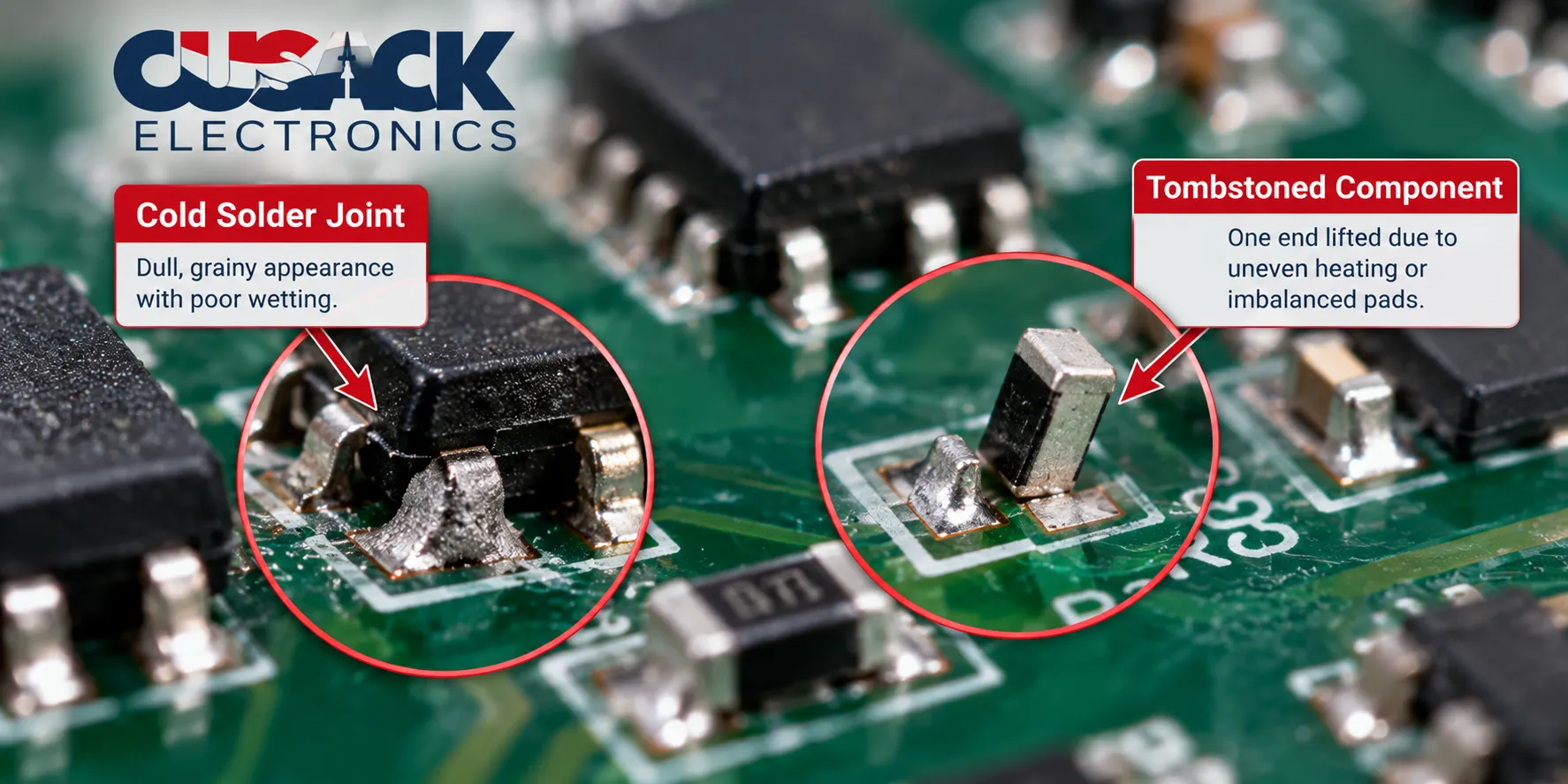 Reflow soldering defects including a cold solder joint and a tombstoned component