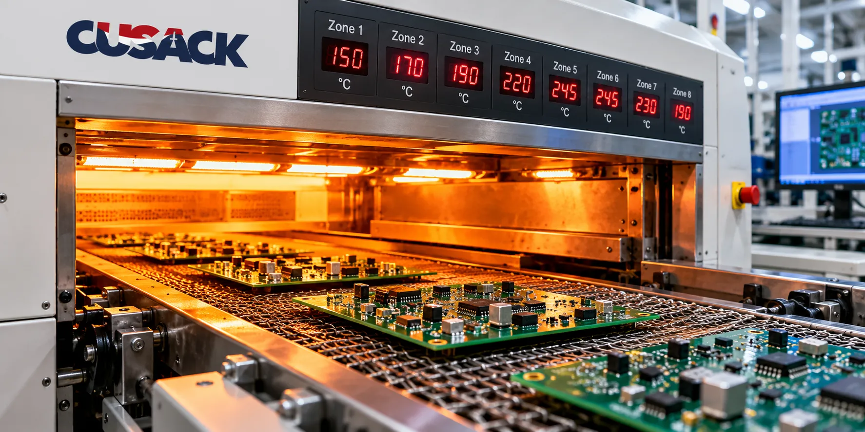 Reflow soldering of a printed circuit board passing through a multi-zone reflow oven