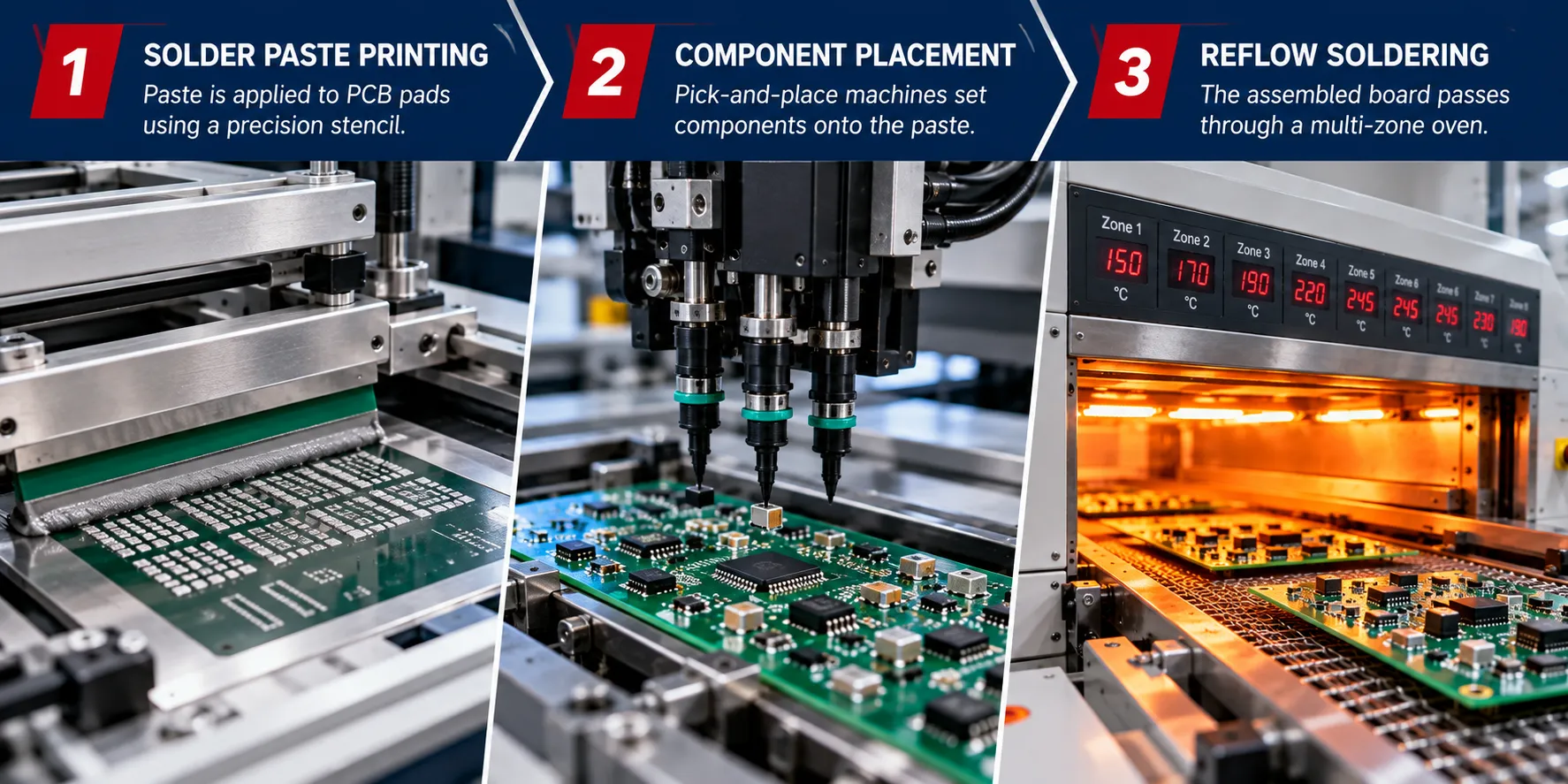 The reflow soldering process showing solder paste printing, component placement, and oven reflow
