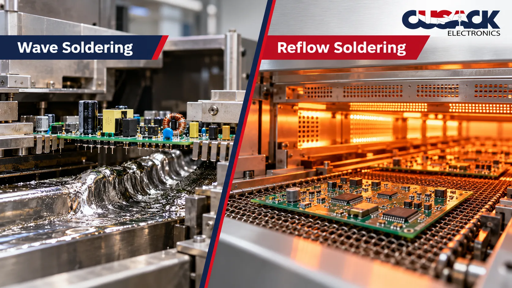 Reflow soldering compared with wave soldering for printed circuit board assembly
