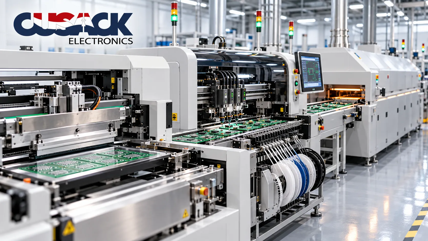 SMT assembly process line showing solder paste printing, component placement, and reflow soldering stations