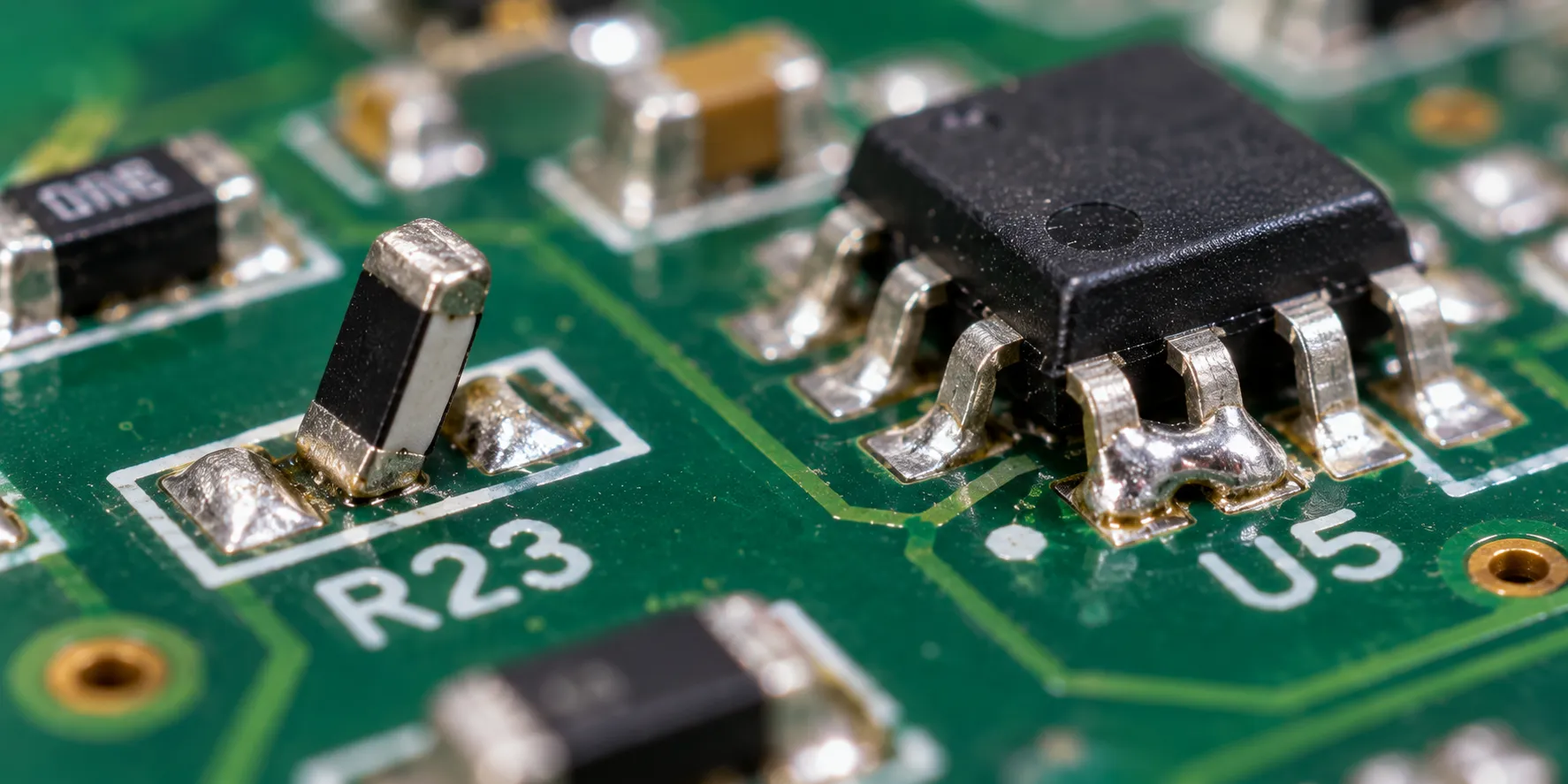 Common SMT assembly defects including tombstoning and solder bridging