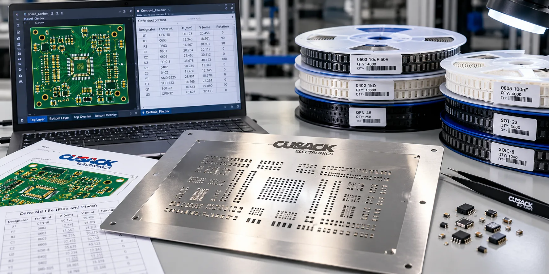SMT assembly preparation with stencil, Gerber data files, and component reels