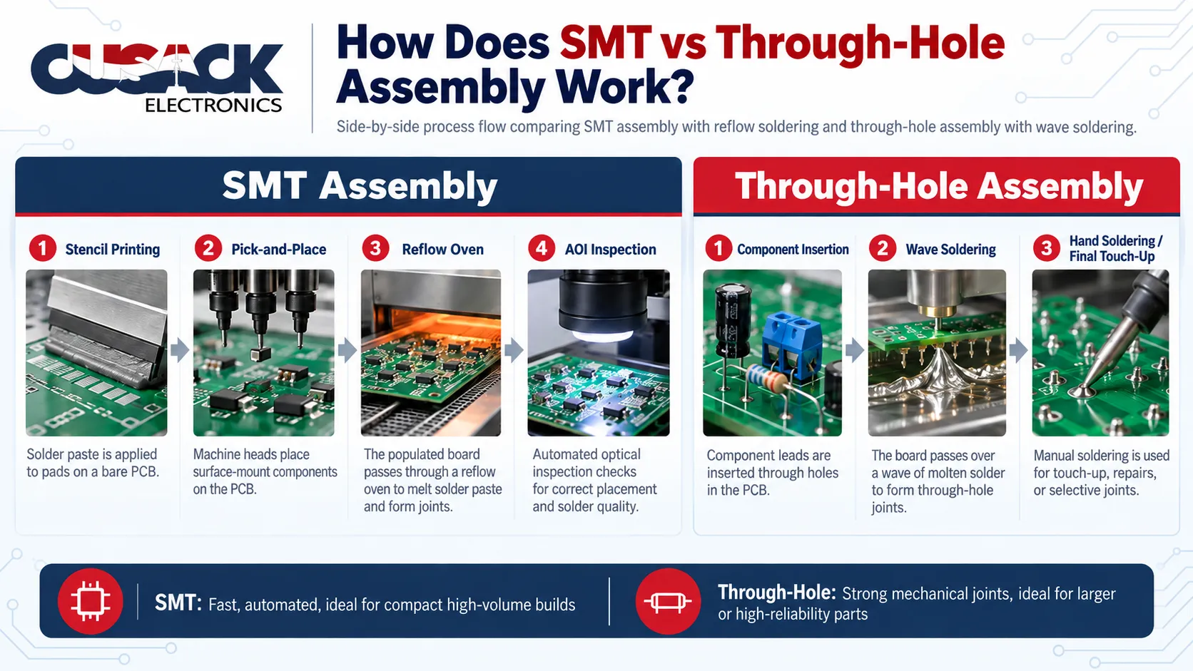 Side-by-side process flow comparing SMT assembly with reflow soldering and through-hole assembly with wave soldering