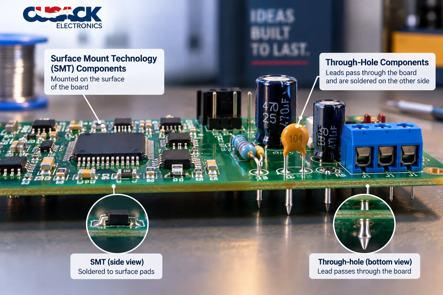 A printed circuit board with surface mount components and through-hole components mounted side by side