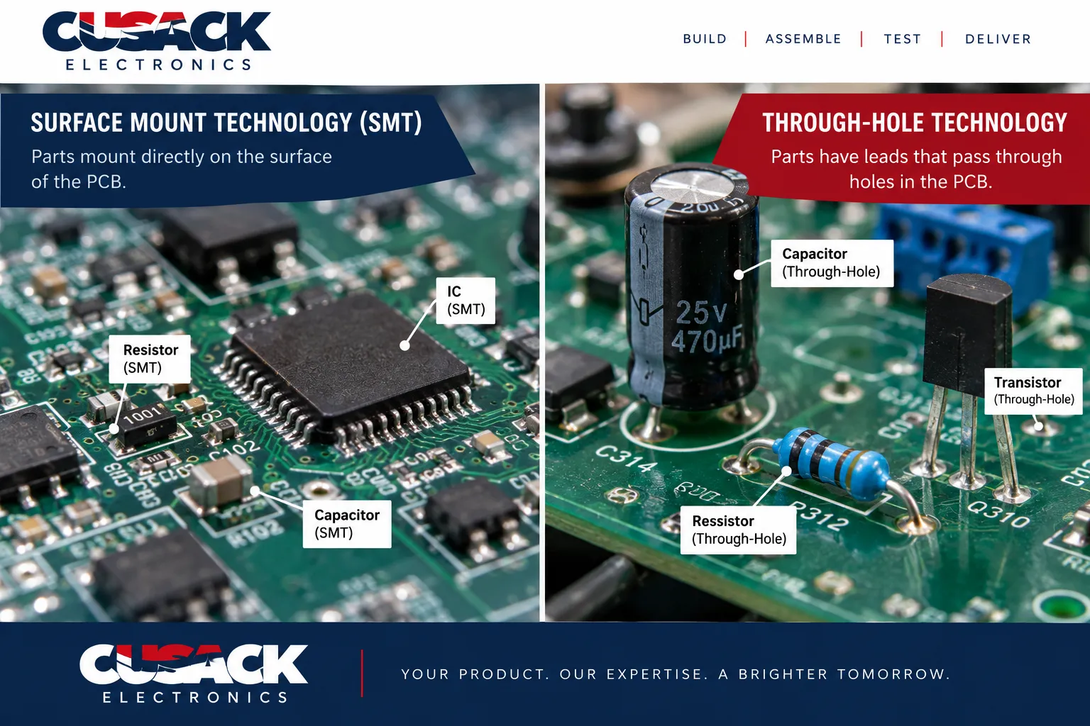 Close up comparison showing surface mount components and through-hole components on the same printed circuit board