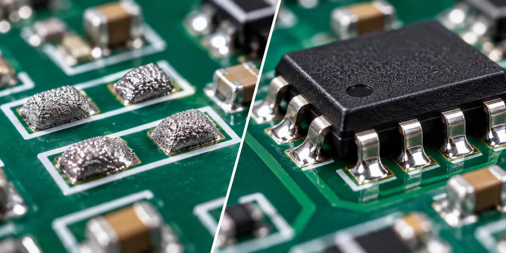 Solder paste deposits before reflow soldering next to a finished solder joint after reflow