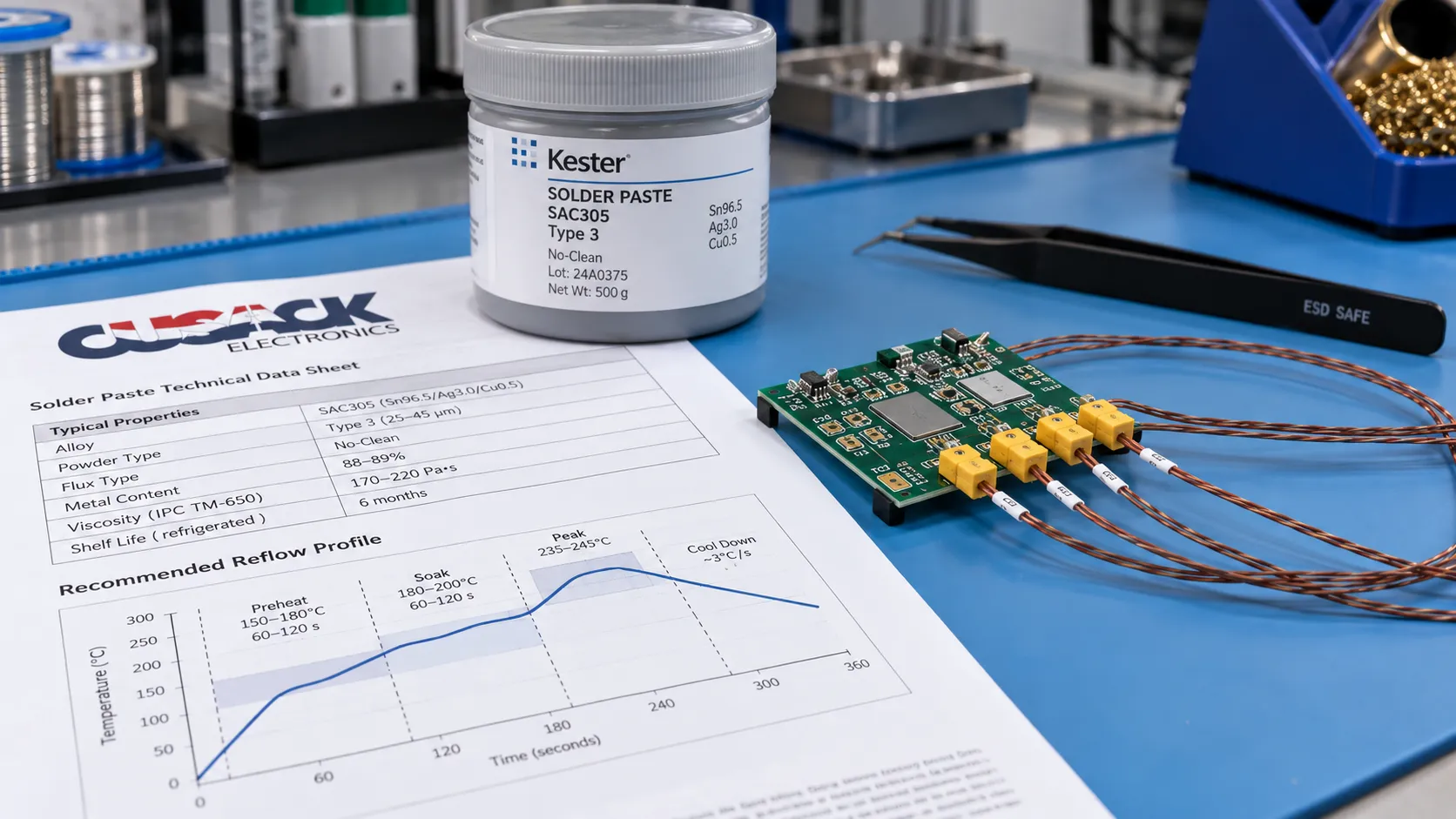 Solder paste datasheet beside a thermocouple profiling board used to set a reflow soldering temperature profile