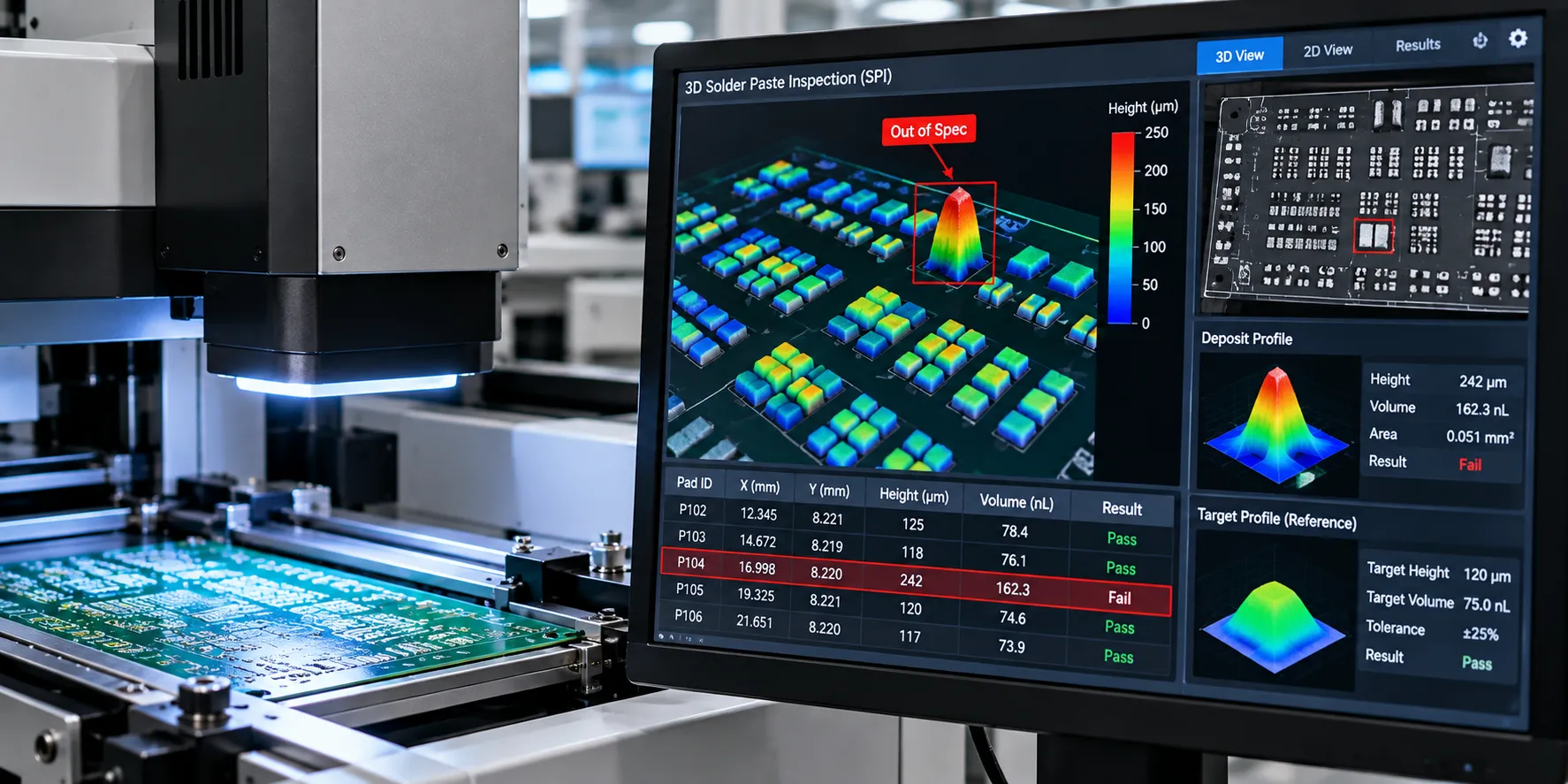Solder paste inspection measuring deposit volume during SMT PCB assembly