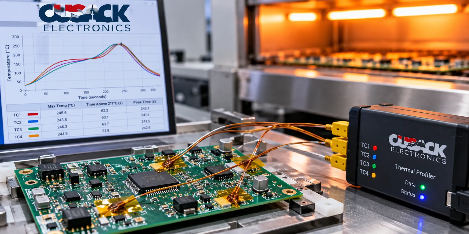 Thermocouples attached to a circuit board to measure a reflow soldering profile