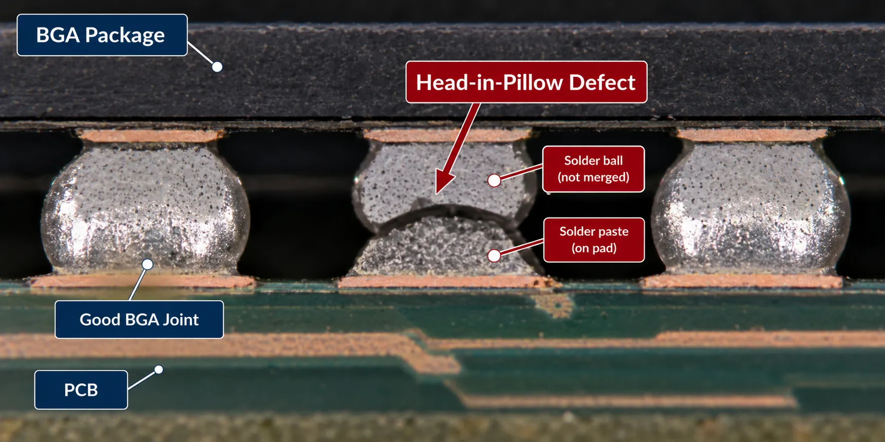 Cross-section of BGA solder joints showing a head-in-pillow defect where the ball did not merge