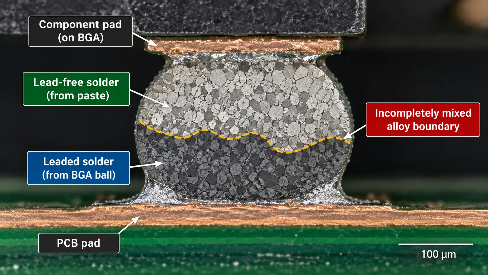 Cross-section illustration of a BGA joint with an incompletely mixed boundary between leaded and lead-free alloy