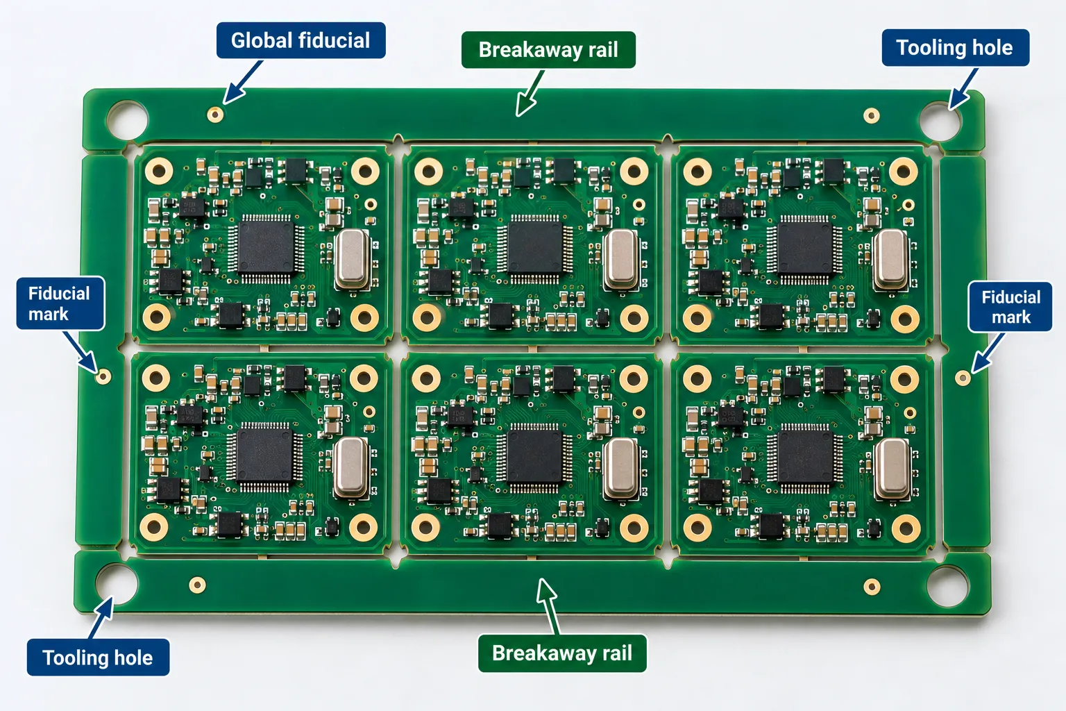Populated production panel of six circuit boards with V-score lines between them before depaneling