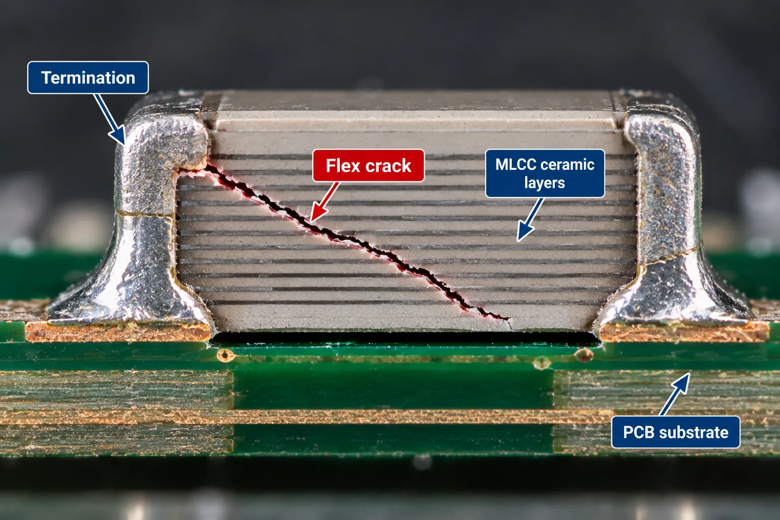 Cross-section illustration of a flex crack running diagonally through a multilayer ceramic capacitor from its termination