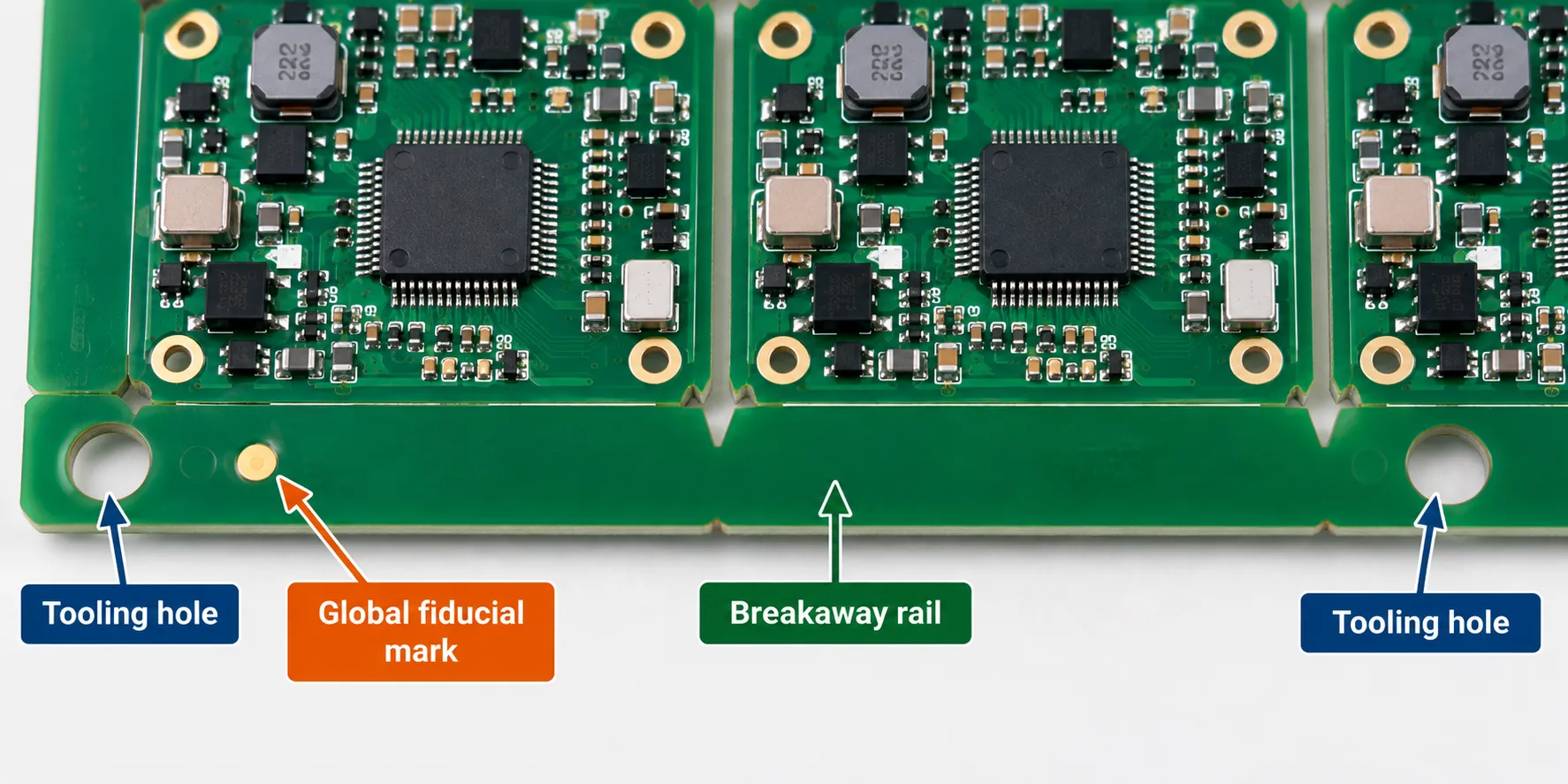 Annotated panel edge showing a breakaway rail with tooling holes and a global fiducial mark