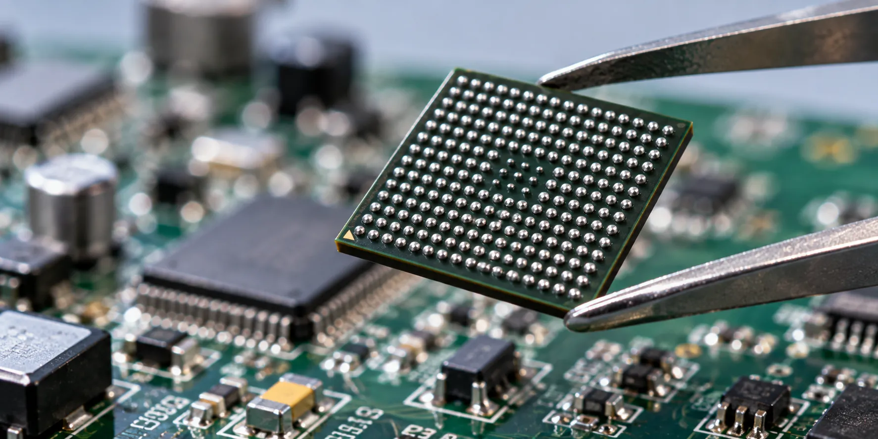 Underside of a ball grid array package showing the grid of solder balls used in BGA assembly