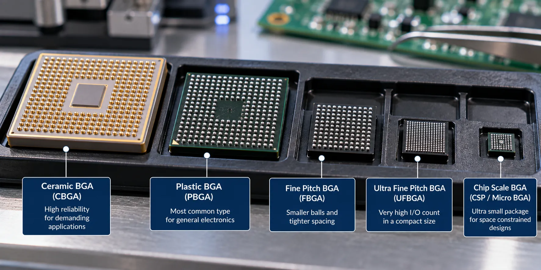 Different types of BGA packages including plastic, ceramic and micro BGA on an assembly tray