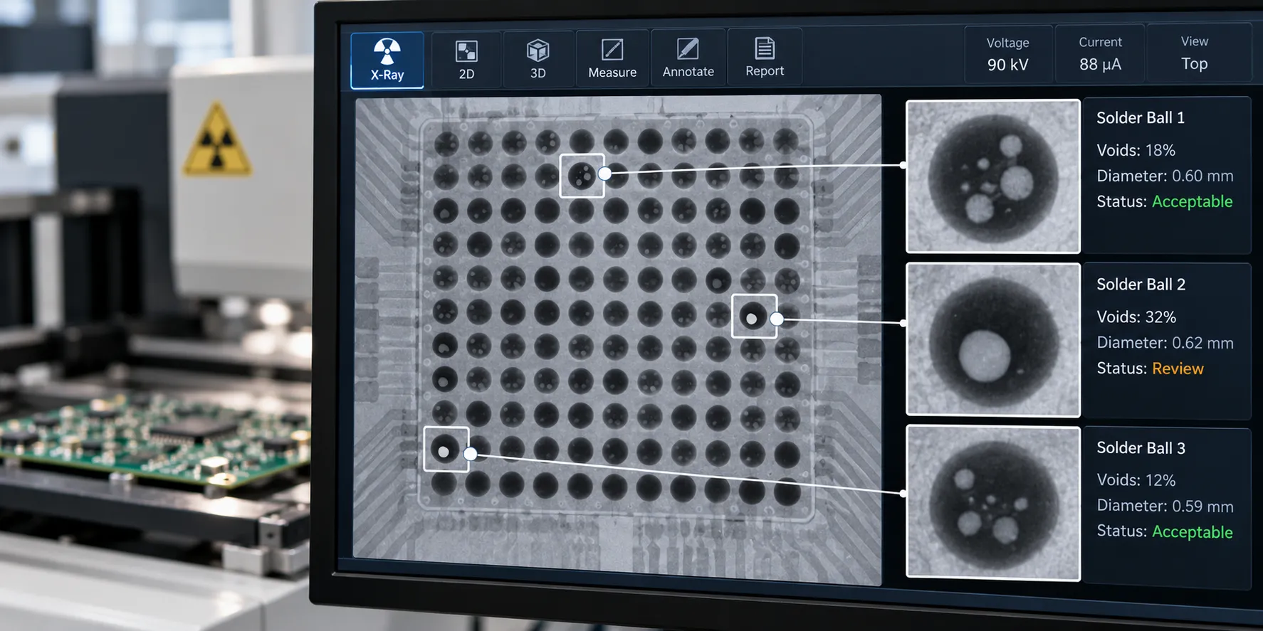 X-ray inspection image of BGA solder joints showing voids inside individual solder balls
