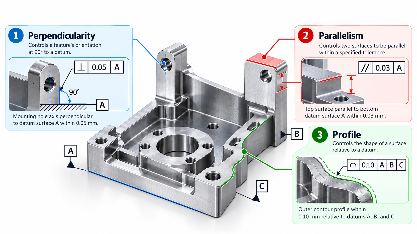  Geometric tolerances in CNC machining showing perpendicularity, parallelism, and profile.