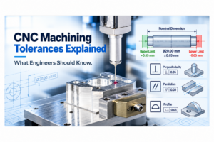 CNC machining tolerances showing precision measurement, perpendicularity, parallelism, and profile tolerance.
