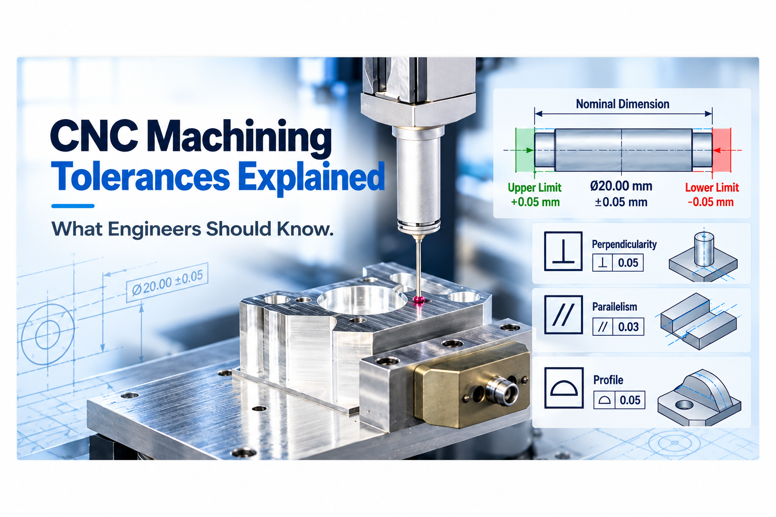 CNC machining tolerances showing precision measurement, perpendicularity, parallelism, and profile tolerance.