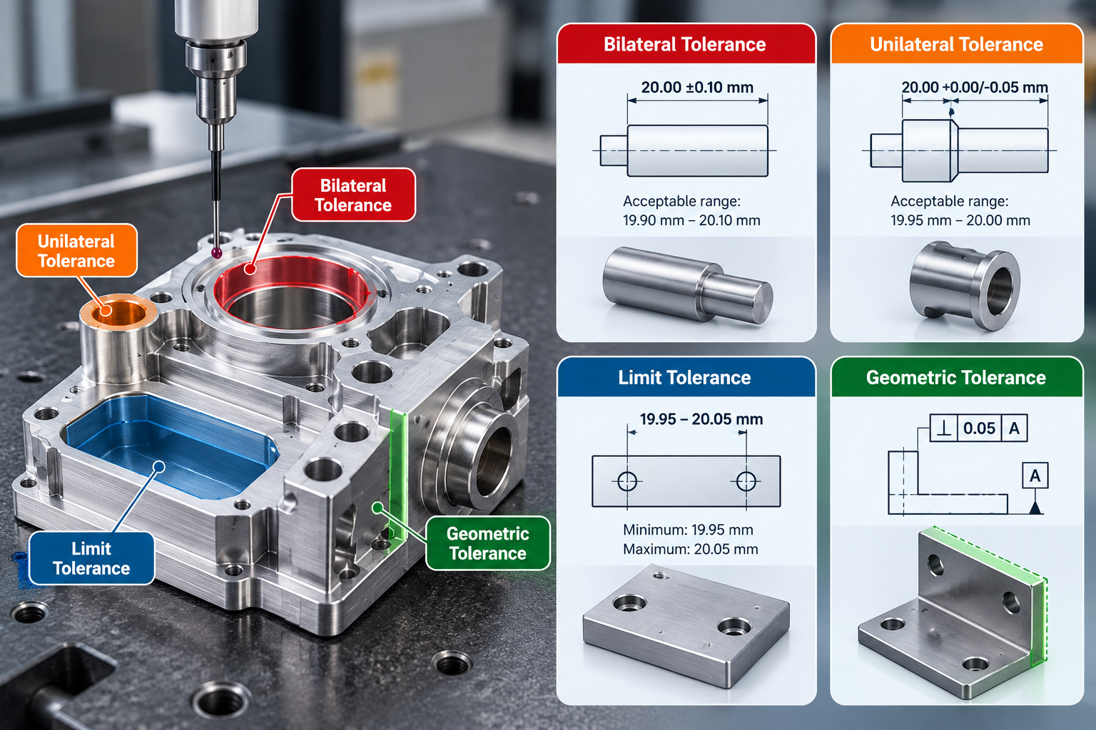  CNC machining tolerance types, including bilateral, unilateral, limit, and geometric tolerances.