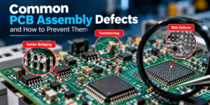 Common PCB assembly defects, including solder bridging and tombstoning. Image Caption: Common PCB defects and troubleshooting methods
