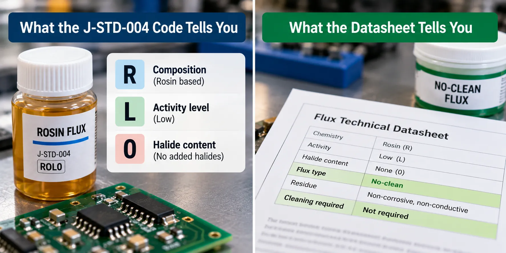 Diagram breaking the J-STD-004 flux code ROL0 into composition, activity level and halide content