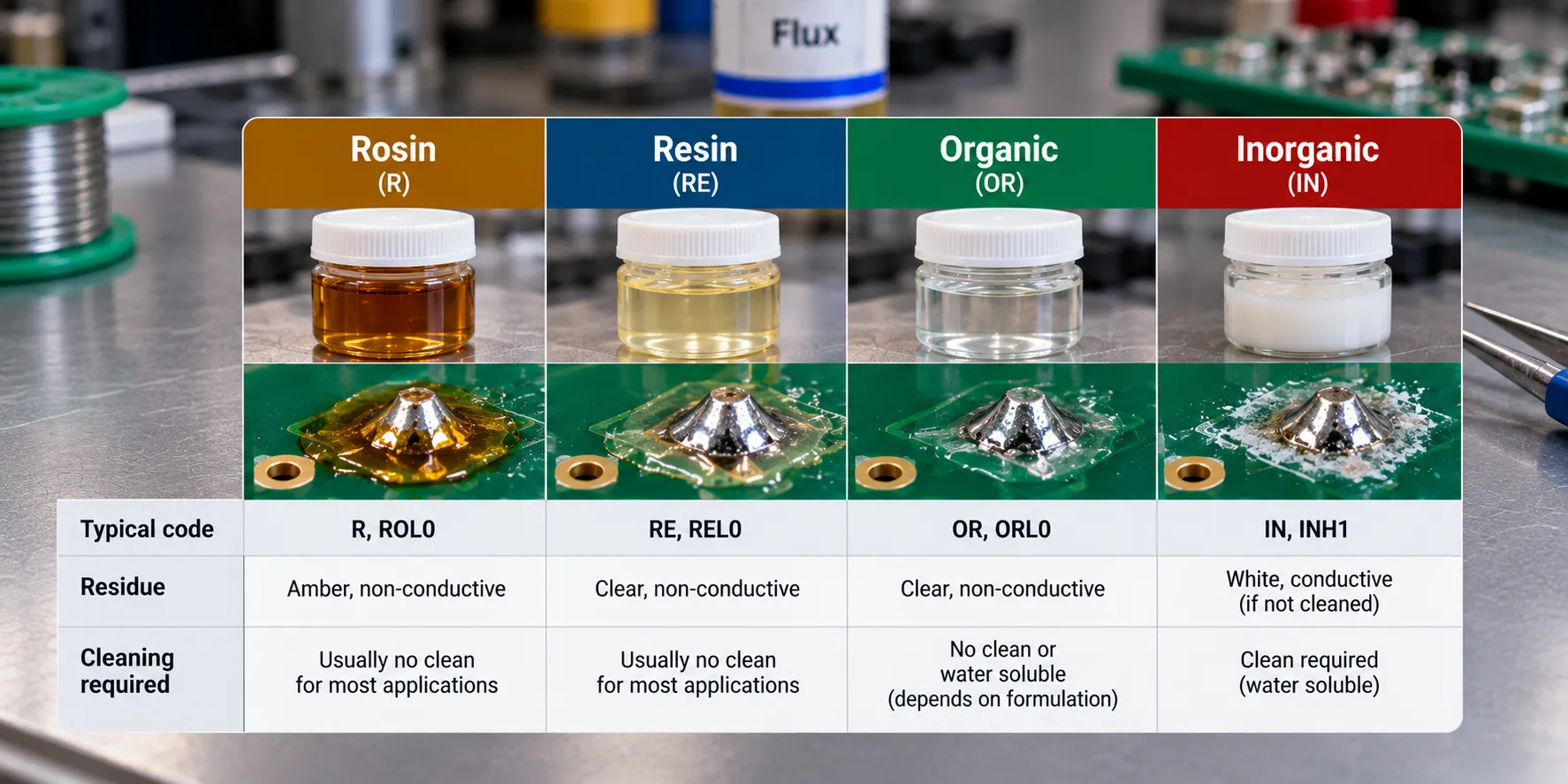 Summary chart comparing rosin, resin, organic and inorganic flux families by code, residue and cleaning requirement