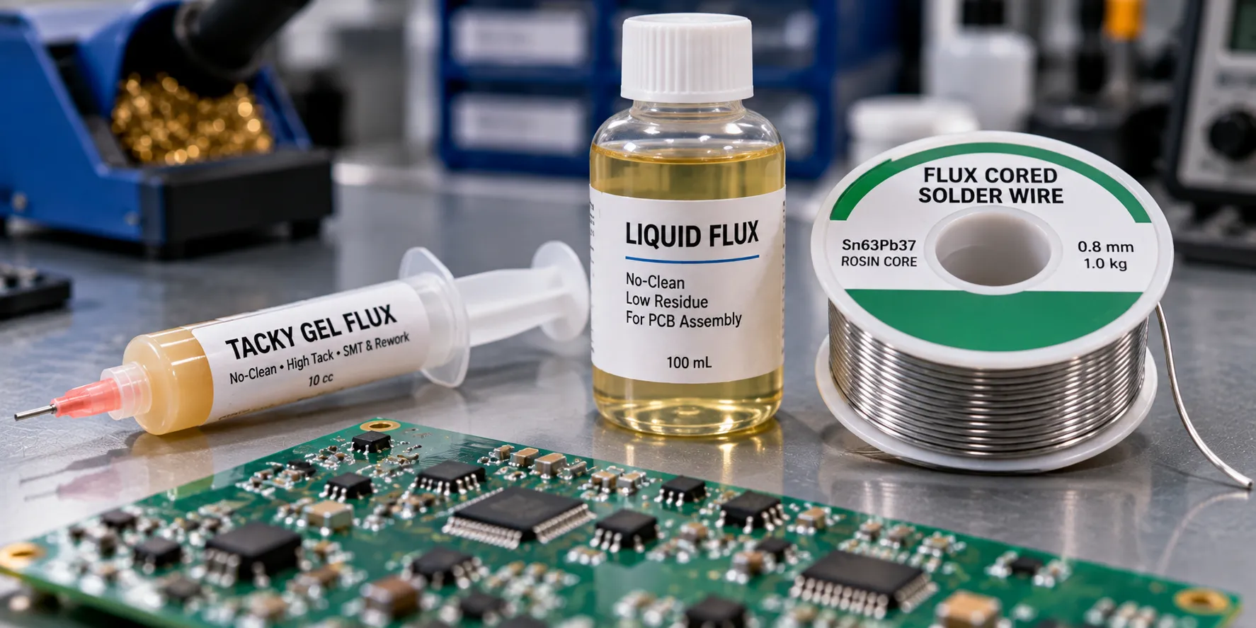 Gel flux syringe, liquid flux bottle and flux cored solder wire on an assembly bench