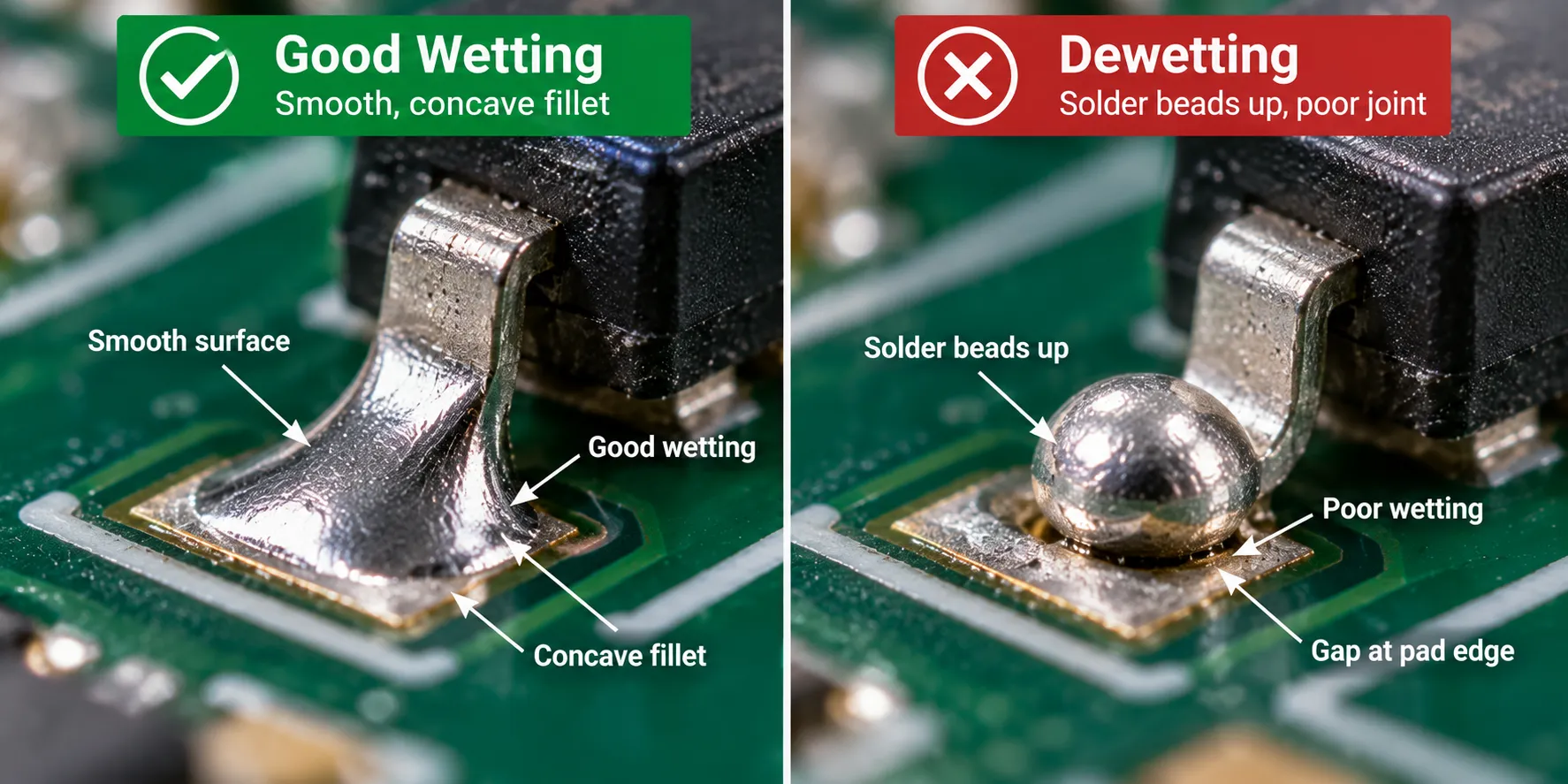 Macro comparison of a well wetted solder fillet beside a dewetted joint where solder has beaded off the pad