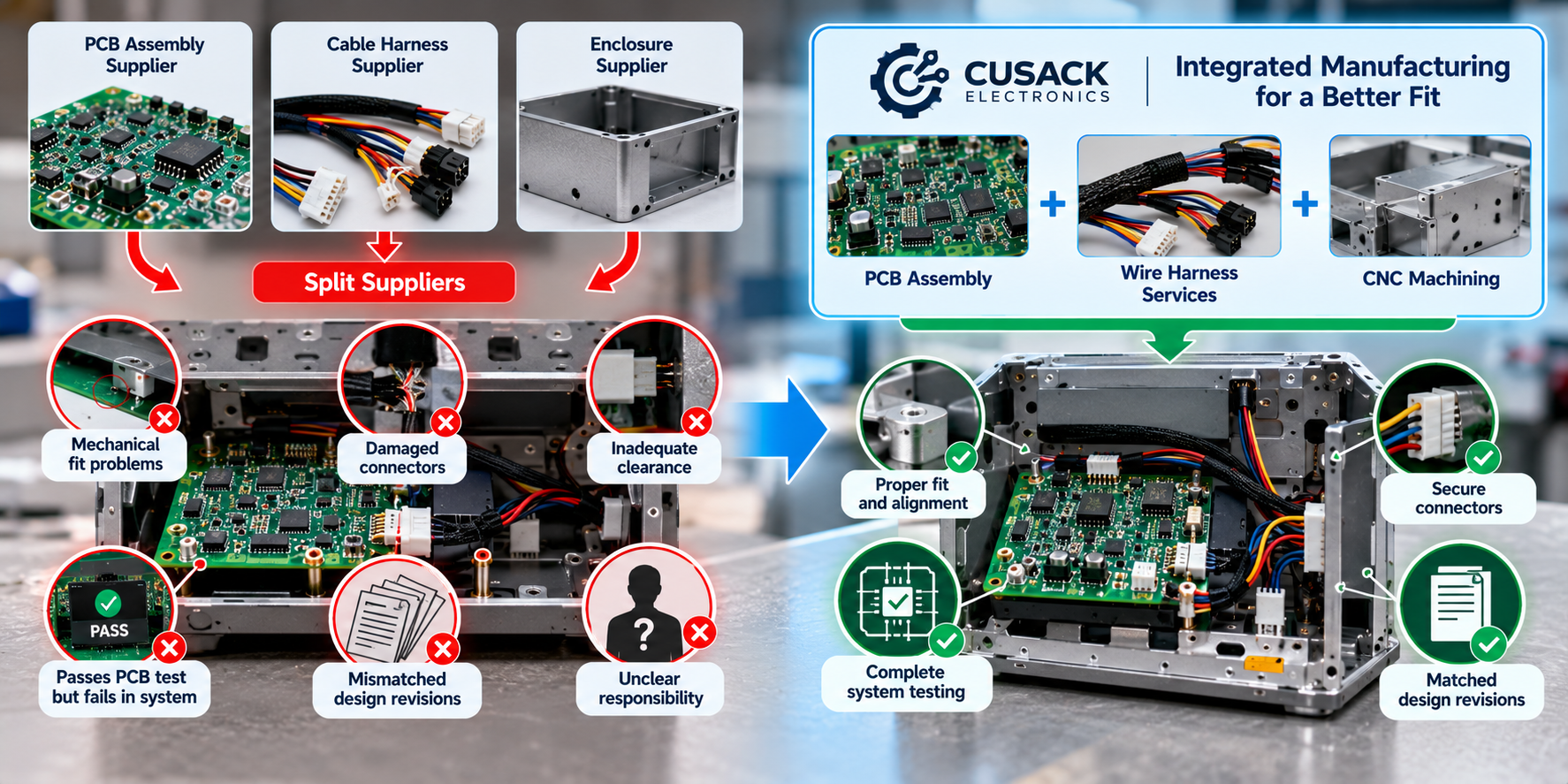 PCB assembly and box build comparison showing split suppliers vs integrated manufacturing.