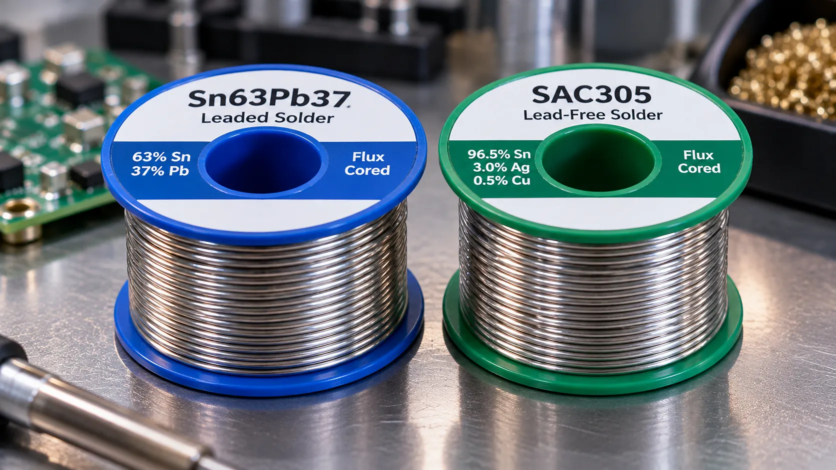 Two solder wire reels side by side labelled Sn63Pb37 leaded and SAC305 lead-free