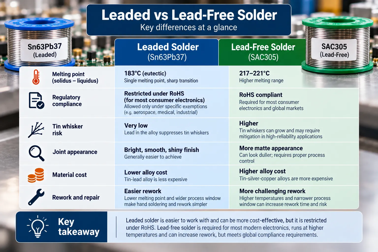 Summary card contrasting leaded and lead-free solder across melting point, compliance, whisker risk, cost and rework