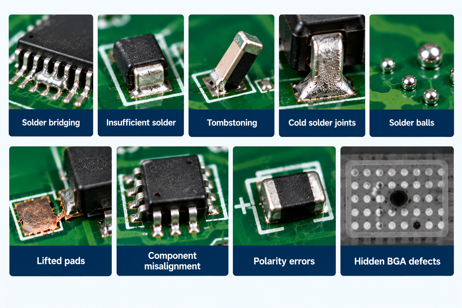 Common PCB assembly defects, including solder bridging, tombstoning, lifted pads, and BGA faults.