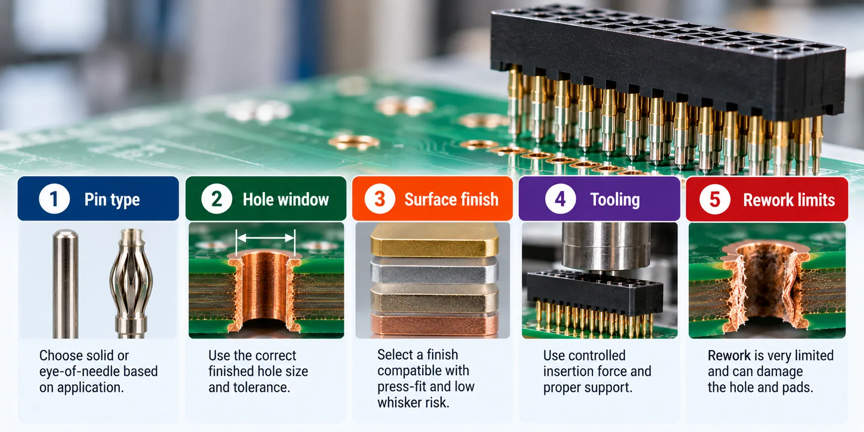 Summary card listing press-fit decision points for pin type, hole window, surface finish, tooling and rework limits